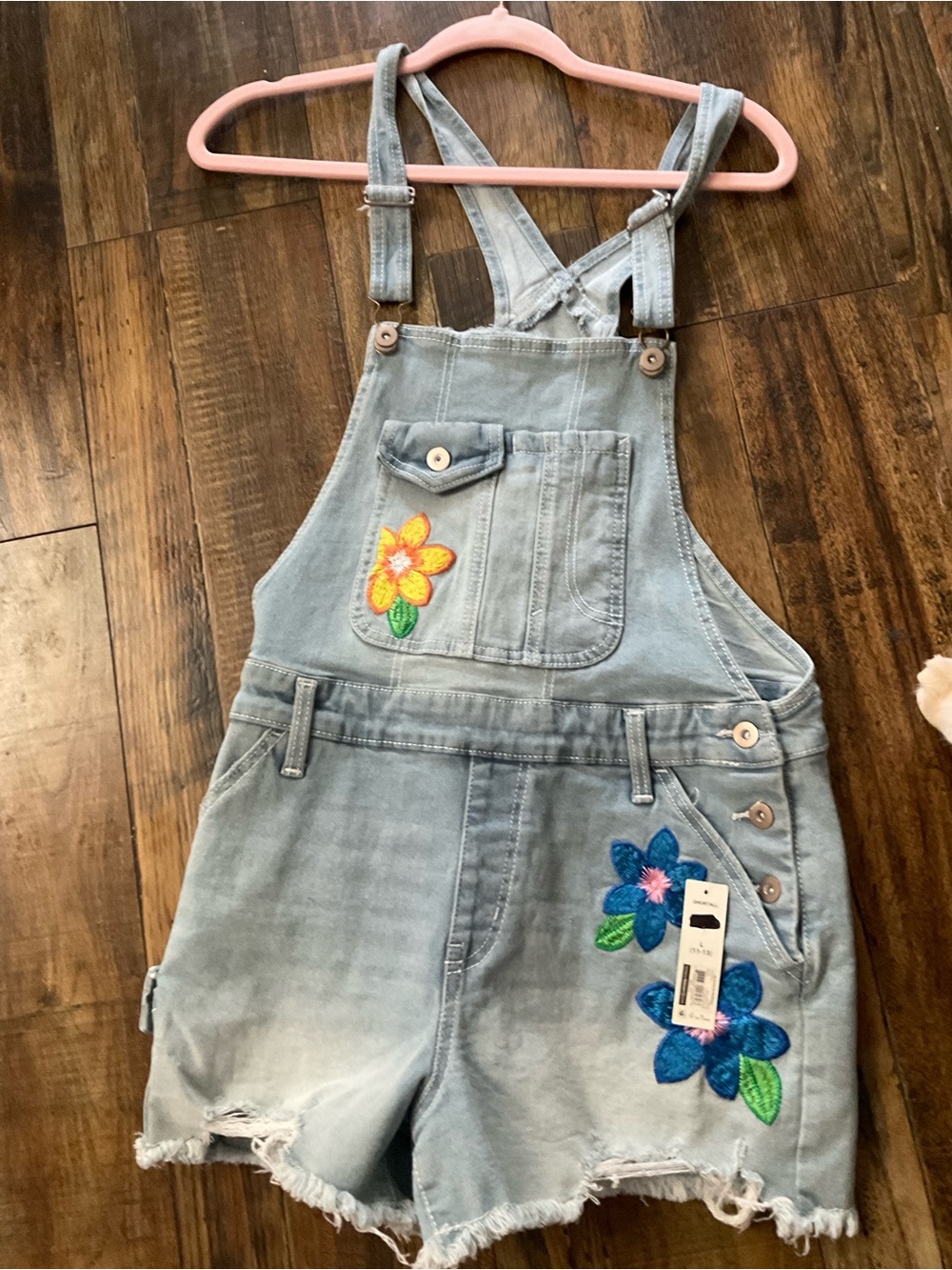 8-2026–No Boundaries Light Blue Denim Floral Embroidered Short Overalls